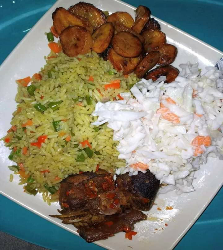 Fried Rice with Plantain Chicken and Salad