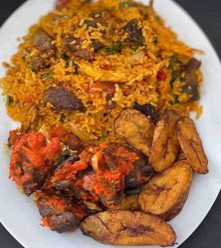 Jallof Rice Meat and Fried Plantain